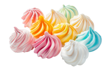 Delightful pastel meringues arranged artfully, showcasing a spectrum of colors in a soft and inviting light isolated on transparent background