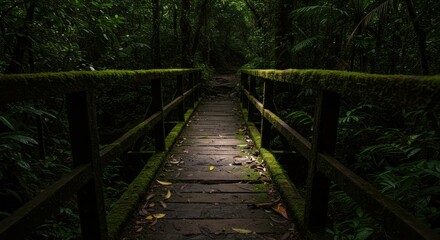 Obraz premium Mossy Bridge Leading into a Lush Rainforest