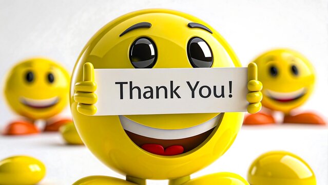 Title: 3D smiley emoji character holding Thank You sign with happy expression
