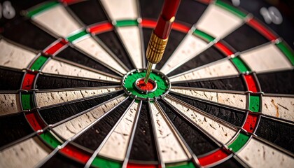 Dart hitting bullseye on standard dartboard.