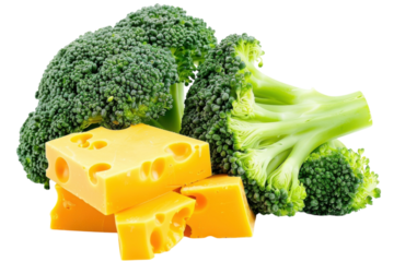 Savoring the vibrant colors of fresh broccoli paired with rich cheddar cheese for a healthy and delicious snack idea isolated on transparent background