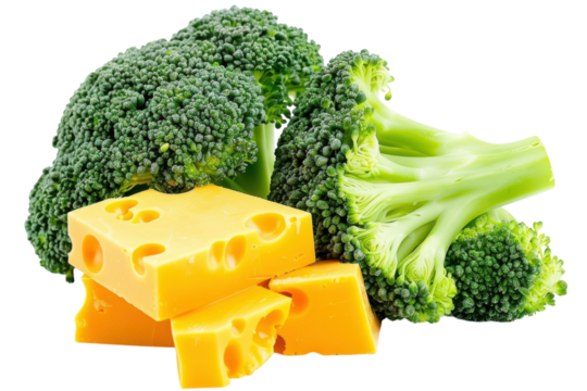Savoring the vibrant colors of fresh broccoli paired with rich cheddar cheese for a healthy and delicious snack idea isolated on transparent background