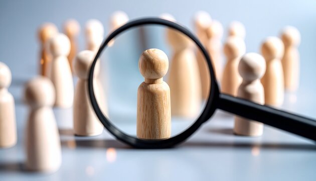 Magnifying glass highlighting painted figurine among plain wooden group.