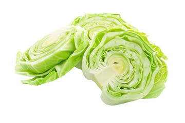 Freshly cut green cabbage rounds showcasing vibrant layers and textures against a clean white background, perfect for healthy meal preparations isolated on transparent background