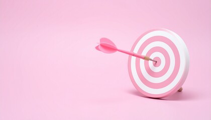 Pink dart hitting bullseye on pink and white target.