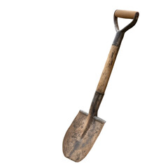 A weathered steel shovel with a wooden handle and d