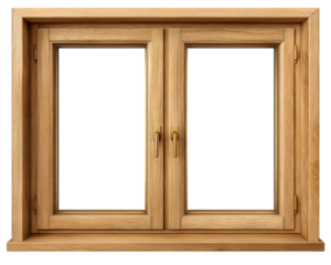 Wooden double hung window with clear glass, natural wood frame, and brass handles, suitable for home construction, renovation, or interior design, offering warm and inviting appearance