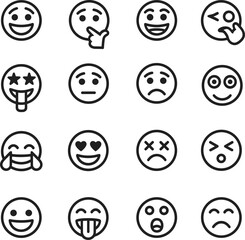Flat vector illustration, emoji icons, facial expressions, smiley face, happy icon, sad emoji, love symbol, wink face, playful design, emotion graphic