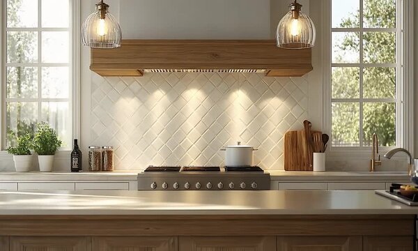 Bright, airy kitchen with wood cabinetry, white diamond-patterned tile backsplash, and stainless steel stove