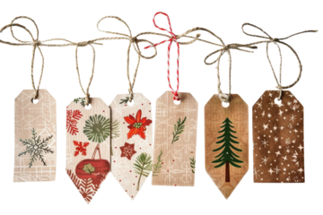 Handcrafted holiday gift tags adorned with festive designs hanging on twine against a light background inviting seasonal cheer isolated on transparent background