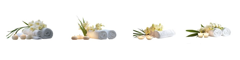 Set of spa towel with flowers and candles isolated on transparent background