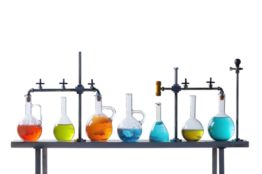 Colorful array of laboratory glassware showcasing chemistry experiments with vibrant liquids in various flasks against a sleek backdrop isolated on transparent background