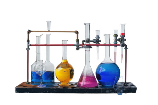 Colorful chemistry setup featuring various flasks and beakers filled with vibrant liquids in a laboratory environment isolated on transparent background