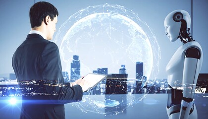 Businessman and robot interacting with global network