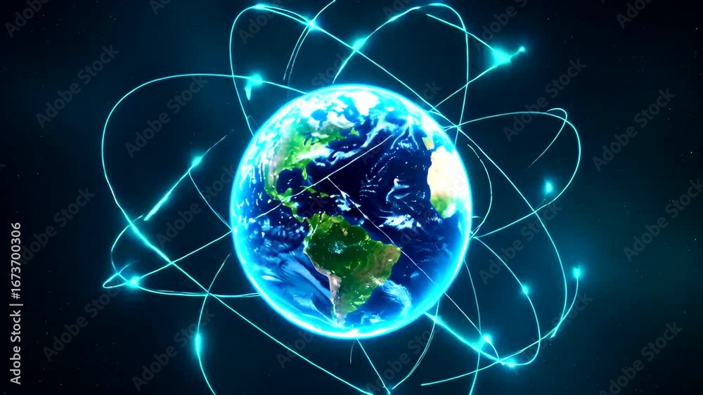 Wall mural dynamic earth visualization with glowing orbitals and futuristic connectivity display