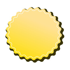 A minimalist vector illustration of a yellow blank badge or label or sticker. The badge is a solid, circular shape with a jagged or wavy-edged border