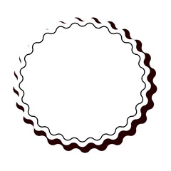 A minimalist vector illustration of a white blank badge or label or sticker. The badge is a solid, circular shape with a jagged or wavy-edged border
