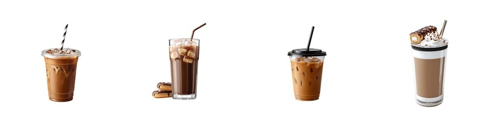 Set of iced coffee cup isolated on transparent background