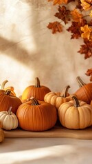 Autumn pumpkins with dry leaves on table in warm sunlight with fall copy space for thanksgiving banner or mockup