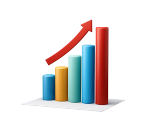 Colorful bar chart financial report infographic element upward arrow business growth success 3D illustration isolated on transparency background data analysis positive trend