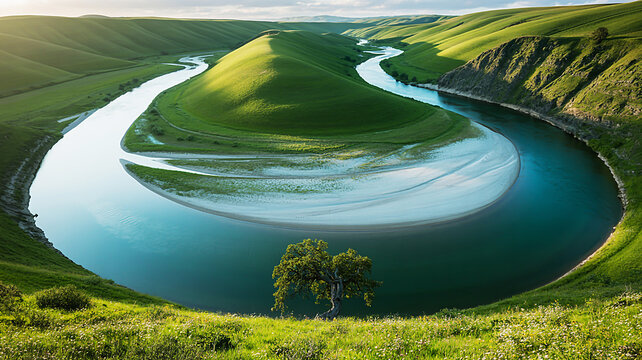 A scenic panoramic landscape of a majestic river creating a dramatic horseshoe bend through sun-kissed rolling green hills at golden hour