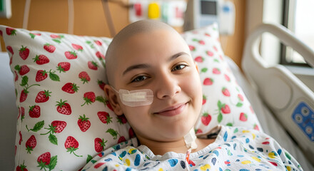 A young girl with cancer smiles bravely from her hospital bed.