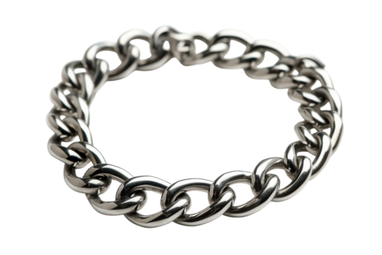 A shining silver chain bracelet rests elegantly on a smooth surface, capturing the light and showcasing its intricate links isolated on transparent background