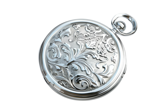 A beautifully engraved silver pocket watch resting against a soft surface, showcasing intricate floral patterns and timeless elegance isolated on transparent background