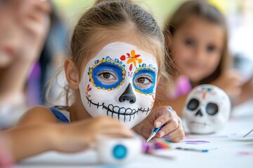 Children celebrating day of the dead with colorful face paint and decorative skulls