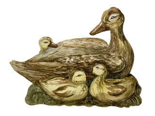 Hand-painted ceramic sculpture of a mother duck with three ducklings, resting together on a base. Vintage rustic figurine, nature-inspired artwork, perfect for home decor and wildlife collections.