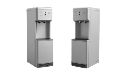Two identical, light gray, upright water dispensers with controls.  Each has a small countertop base and a taller, rectangular body.  Control panels are visible