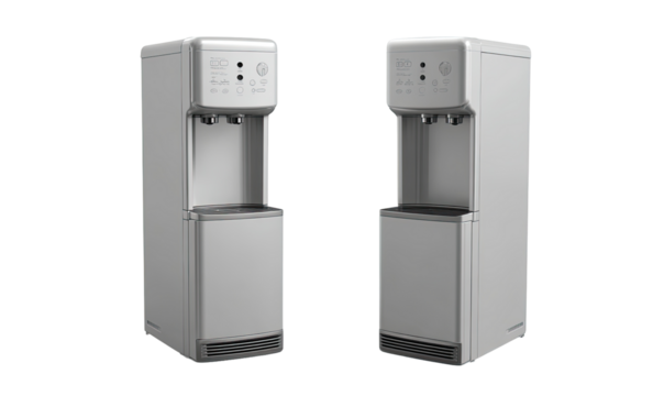 Two identical, light gray, upright water dispensers with controls.  Each has a small countertop base and a taller, rectangular body.  Control panels are visible