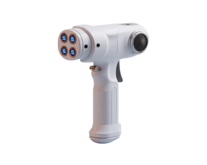 A white, handheld device with a cluster of glowing blue circular elements at the head.  It has a substantial handle, and a small camera-like lens on the top side