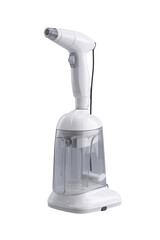 White handheld steamer with transparent base.  Compact, cordless, and focused on easy operation.  Features a nozzle attachment for targeted steaming