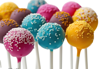 Colorful cake pops arranged artistically for a festive celebration, showcasing vibrant sprinkles and delightful flavors at a joyful gathering isolated on transparent background
