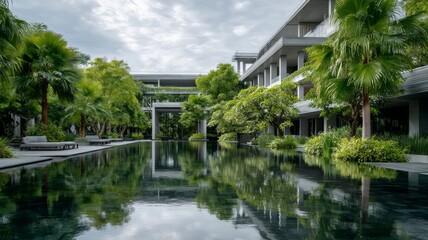 Fototapeta premium Lush tropical courtyard with reflective pool. AI image