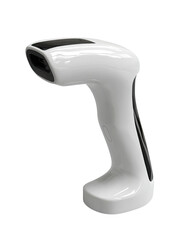 White handheld scanner with a dark gray base