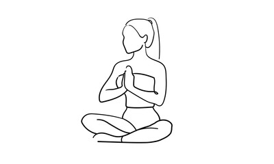 Woman sitting in yoga pose with palms folded at chest level, continuous line art isolated on white background. Relax line art drawing. Chakra outline. Vector illustration	