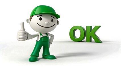 3D cartoon worker character in green uniform with thumbs up and OK sign symbolizing approval, service, and success