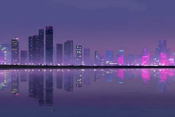 Fototapeta premium City skyline at twilight, reflected in water, vibrant neon pinks and purples