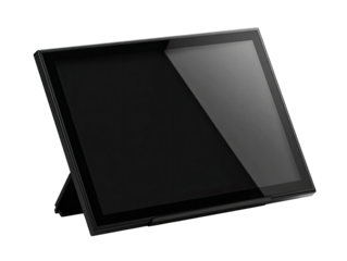 A black, angled, rectangular touchscreen device
