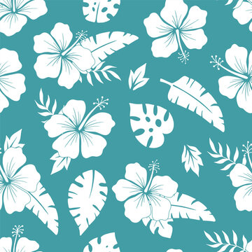 Fototapeta Seamless pattern with hibiscus flower and monstera leaf vector silhouette for shirt, floral monochrome illustrations, summer hawaiian beach white plant on blue backdrop