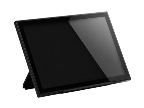A black, angled, rectangular touchscreen device