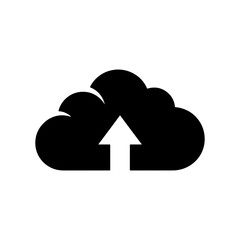 Vector art of cloud upload icon, symbolizing data transfer and storage. A black and white icon representing a cloud with an upward-pointing arrow, signifying the action of uploading data or files
