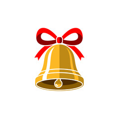 Golden Christmas Bell with Red Ribbon Decoration Vector Illustration
