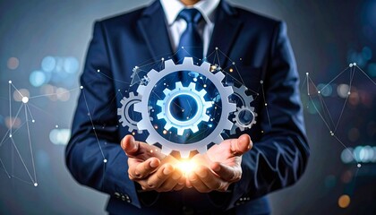 Businessperson presenting glowing gears and financial chart in digital interface.