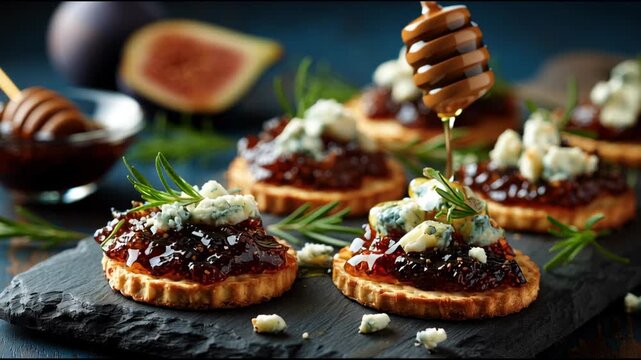 Gourmet crackers topped with honey, blue cheese, and fig jam, perfect for an elegant appetizer display.