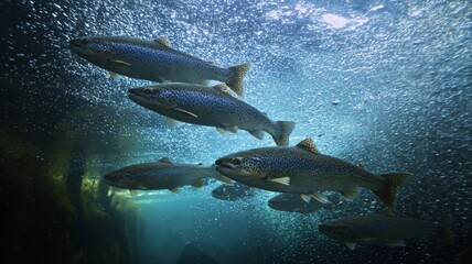 Fototapeta premium Majestic salmon swim in sunlit underwater realm. AI image