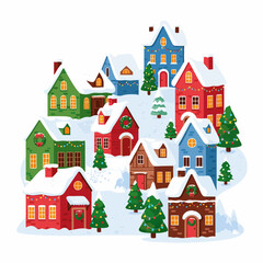 Colorful Winter Christmas Village Houses with Snow Covered Roofs Vector Illustration