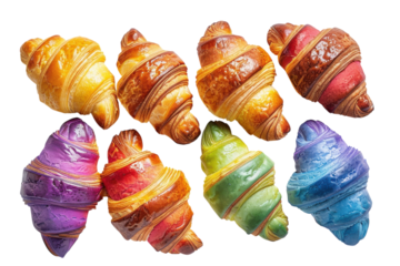 Colorful croissants elegantly arranged on a white surface, showcasing vibrant hues and appetizing textures, perfect for a festive brunch isolated on transparent background